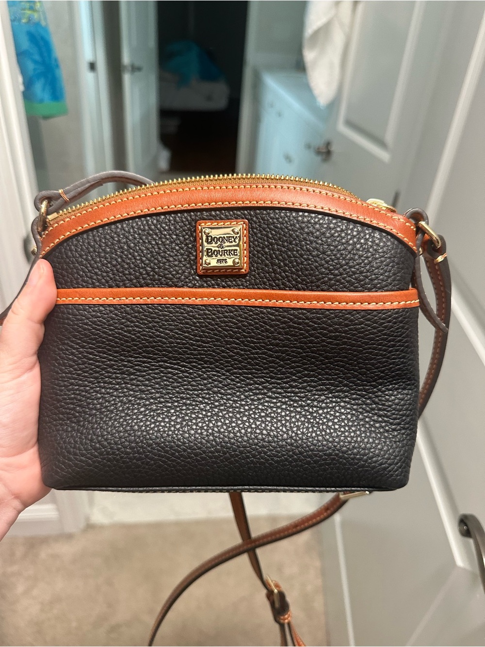Dooney & Bourke Black Pebble Leather Crossbody with Brown Trim